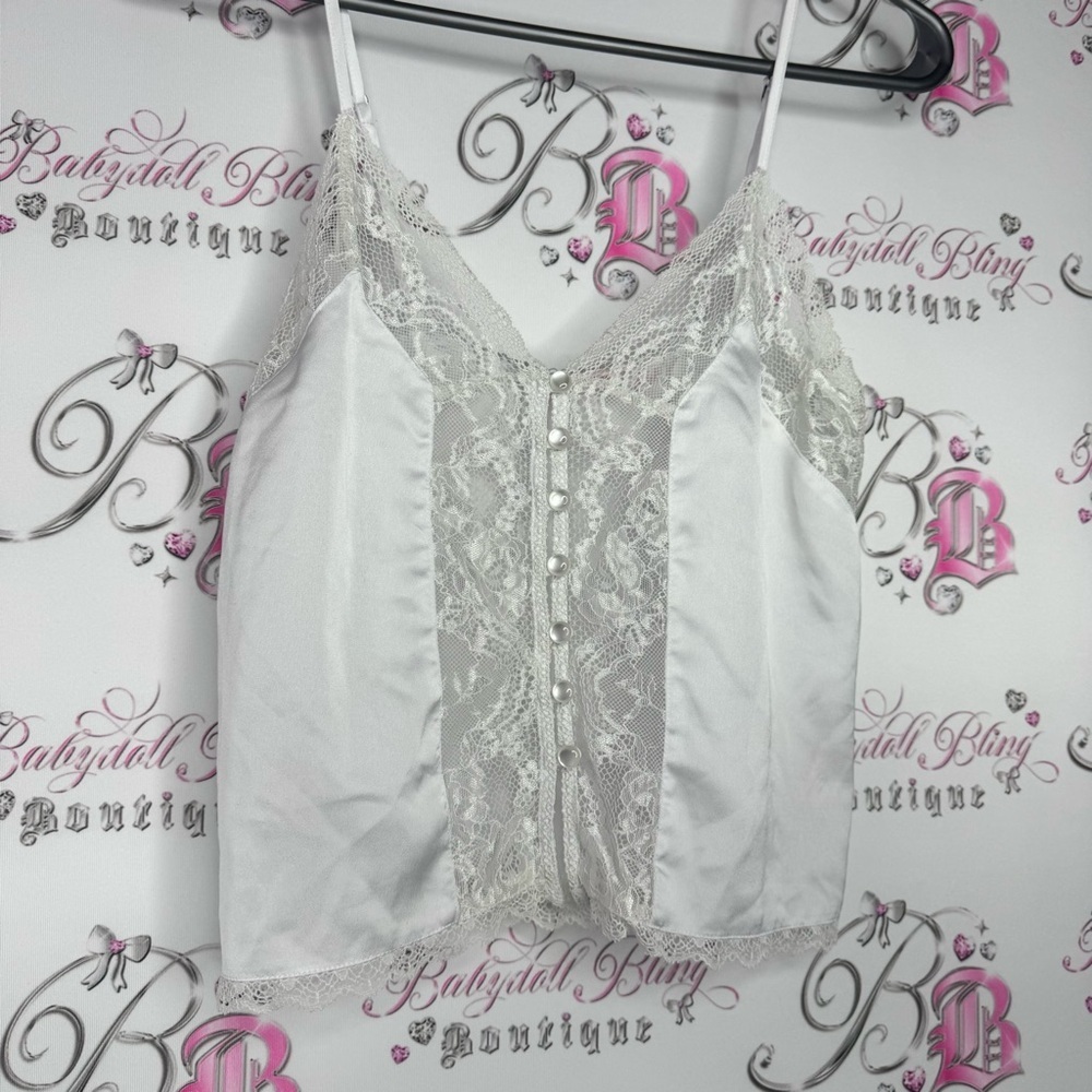 La vie en rose tank top camisole buttons shiny shimmer Lace Trim White Cami Top - Picture 11 of 12
